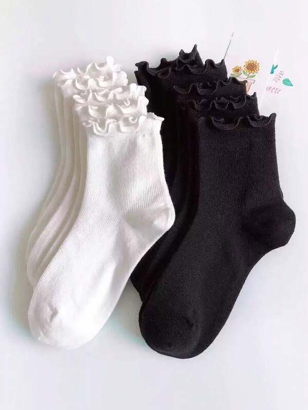 1/6/12/18 Pairs Of Black & White Ruffled Mid-Tube Socks For Women Daily Wear Running Sports Hiking Sports Gift