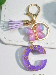 1pc Resin Starry Sky Epoxy English Letter Keychain With Tassel & Fluffy Pom Pom Decor, Gift For Friends & Mothers, Heart Pendant Christmas - Purple - View 24