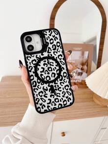 1 Pc Leopard Print Metal Stand Phone Case, Compatible With Magnetic Charging, Comes With A Lens Protector And Adjustable Stand, Suitable For Phone 16 Pro Max Phone Case/16E/15/14/13/12/11/Pro/Pro Max/Plus Leopard Print Phone Case/Phone 17/17pro/17 Pro Max - 黑色FS8223 - 查看 1