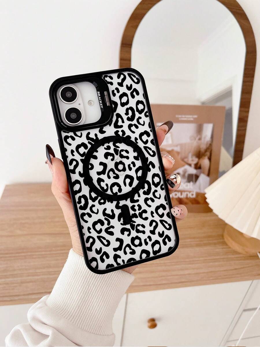 1 Pc Leopard Print Metal Stand Phone Case, Compatible With Magnetic Charging, Comes With A Lens Protector And Adjustable Stand, Suitable For Phone 16 Pro Max Phone Case/16E/15/14/13/12/11/Pro/Pro Max/Plus Leopard Print Phone Case/Phone 17/17pro/17 Pro Max - 黑色FS8223 - 查看 1