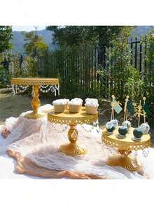 3Pcs Antique Cake Stand Set - Round Metal Cupcake Stands With Pendants And Beads - Elegant Dessert Display, For For Wedding, Birthday Party Decor - 金色 - 查看 5