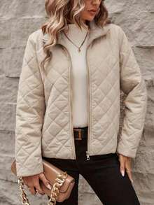 Damska kurtka z długim rękawem, pikowana w romby, ze stójką i zamkiem błyskawicznym, jednokolorowa, codzienna odzież wierzchnia, uniwersalna, ocieplana kurtka damska na jesień/zimę