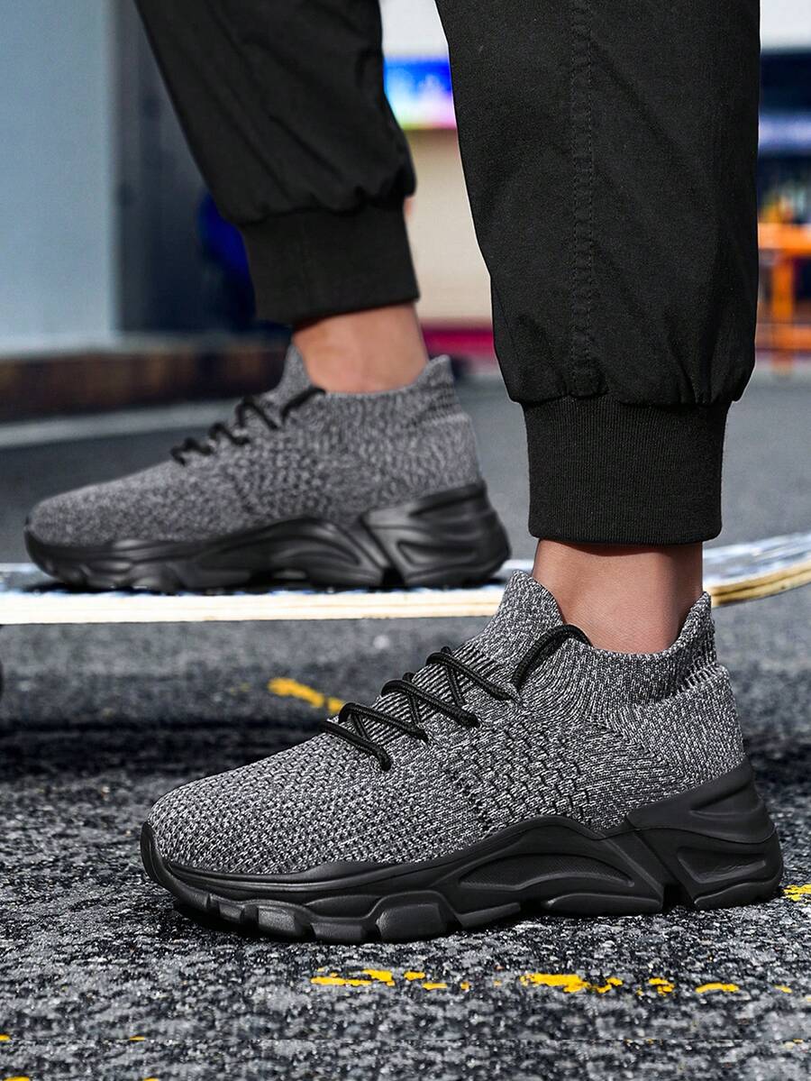 Men's Gray Knit Sneakers With Chunky Black Sole - Breathable Comfort For Urban Everyday Style, Year-Round Shoes For Men - 彩色 - 查看 1