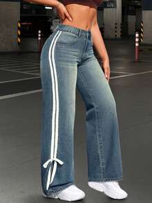 Autumn Women's Clothing, American Style Side Striped Jeans, Women's Design Sense, Washed Casual Pants, Fashionable Loose Wide Leg Mid Waist Jeans