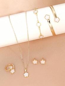 Set de 5 brățări strălucitoare cu flori norocoase, colier, cercei, brățară, inel, set de bijuterii, nou, placat cu aur, cu cinci frunze de coajă de plantă, poate fi purtat normal fără a se uda și nu se decolorează