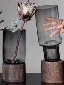 1 قطعة قاعدة خشبية دائرية بسيطة فاخرة بمقاس 11.8 * 3.9 بوصة، إناء زهور أكريليك زخرفي، لون أصلي محفوظ بالماء، وردة طازجة، ديكور غرفة المعيشة وطاولة الطعام، إناء زهور منزلي