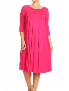 Plus Size Casual 3/4 Sleeves Basic A-Line Pleated Solid Midi Dress  Wedding - Hot Pink - View 1