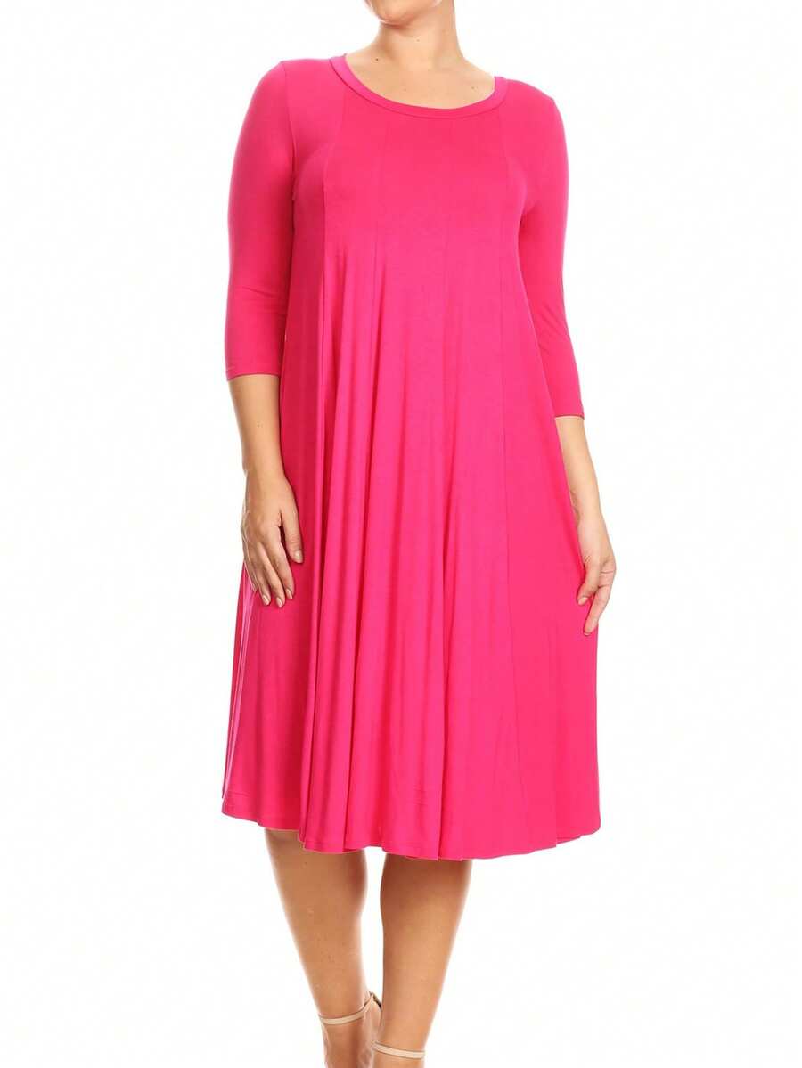 Plus Size Casual 3/4 Sleeves Basic A-Line Pleated Solid Midi Dress  Wedding - Hot Pink - View 1