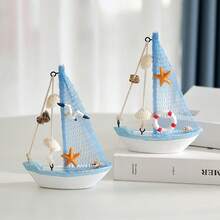 1件航海贝壳裂纹帆船装饰品，创意木制帆船模型摆件，工艺装饰船，装饰配件，桌面摆件，卧室、书房、客厅家居装饰，节日礼物 - 彩色 - 查看 3