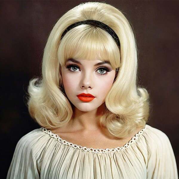 Parrucca lunga e ondulata bionda con frangia, acconciatura voluminosa a cupola, adatta a costumi anni '80, cosplay o festa di Ognissanti, parrucca da donna decisa