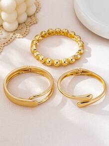 3pcs/Set Minimalist Geometric Asymmetrical Teardrop Shaped Metal Bangle Bracelet Set, Thick Solid Gold-Tone Alloy Material, Suitable For Women