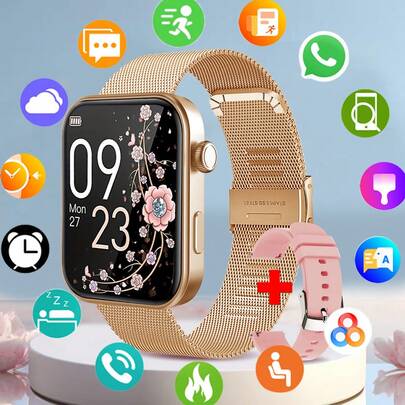 男女通用运动商务智能手表，1.85英寸高清屏幕，支持5.4GHz无线通话（接听/挂断），计步/卡路里/距离追踪，通知提醒，天气预报，多种表盘可选，音乐播放控制，计算器，日历，秒表，兼容安卓/iOS系统