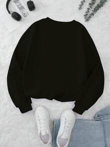 Boho Floral Fall, Spooky Black Cat, Pumpkin Print Casual Crew Neck Long Sleeve High-Quality Fleece Sweatshirt For Women, Halloween, Nightmare Before Christmas - Black - View 3