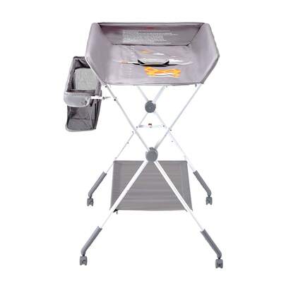 Baby Changing Table, Foldable Diaper Change Station With Side Basket, Adjustable Height Portable Changing Table With Lockable Wheels, Multi-Functional Storage Organizer Nursery, Light Gray