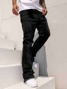 leev Stretchy Skinny Jeans, Casual Street Fashion Denim Pants With Slanted Pockets, Cotton Flared Leg Trousers With Stylish Pattern - Black - View 3