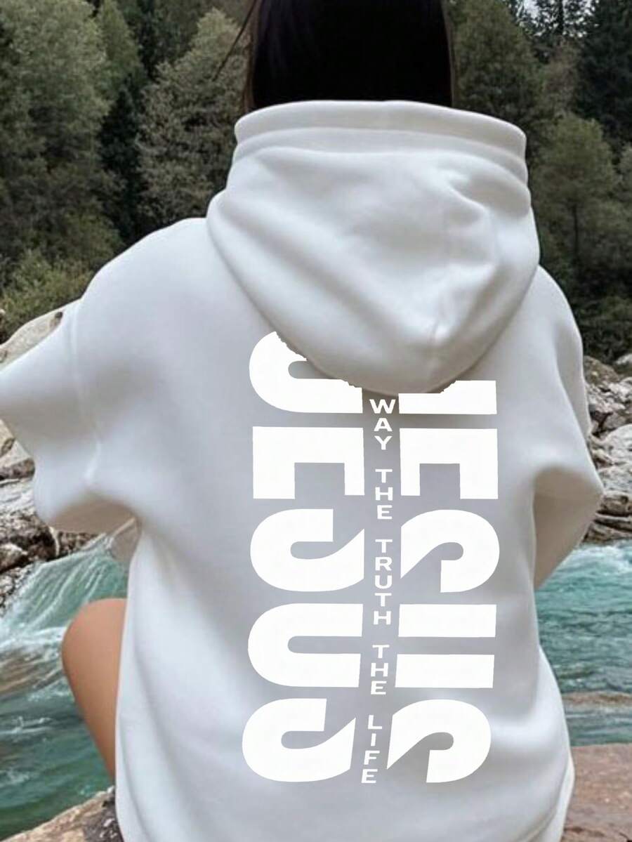 Women's Pullover Hoodie (Fleece Style, Drawstring) | Vertical Letter Print JESUS With Slogan | Modern Christian Style | Drawstring Design | Loose-Fit | Winter Essential - White - View 1