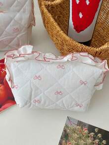 1Pc Cute Bowknot Pattern Multifunctional Kids Makeup Bag With Lace Ruffle Decoration,Sanitary Bag,Coin Bag,Toiletry Bag,Large Capacity Cosmetic Bag Make Up Bag For Home, Travel, Vacation And School Use ,Makeup Bag Makeup Pouch Skincare Bag Toiletry Bag Packing Cubes,Travel Essentials Cruise Essentials Dorm Essentials,Mom Gifts,Birthday Gifts,Gifts For Friends And Teachers