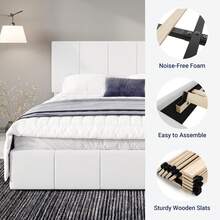 Allewie Full/Queen/King Size Dutch Velvet Upholstered Platform Bed Frame/Vertical Channel Tufted Adjustable Headboard/Low Profile Bed Frame/No Box Spring Needed/Easy Assembly, White - 白色 - 查看 6