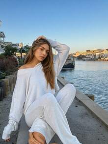 女士时尚休闲舒适V领罗纹袖长袖上衣+长裤，秋冬春季 - 灰色 - 查看 4