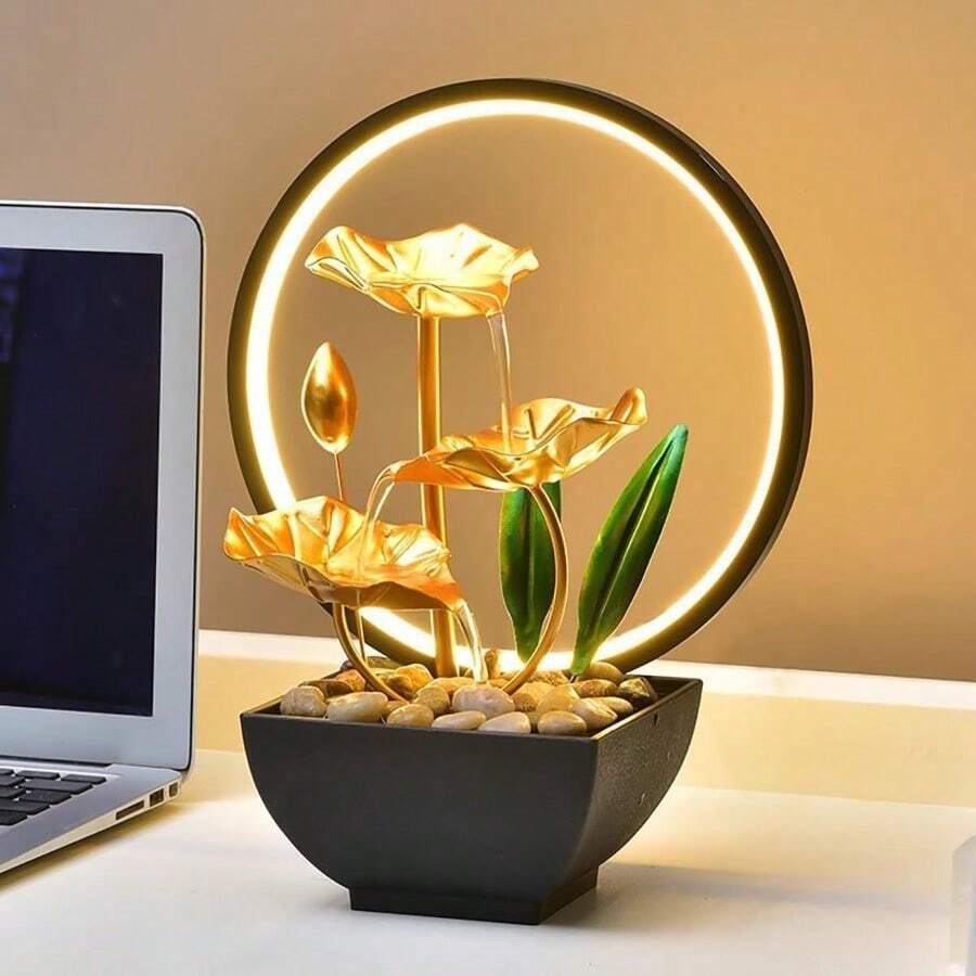 LUMIARTISAN Desktop Fountain Ornament With Waterfall And Leaf Design | Deep Basin Desktop Fountain, Natural River Pebbles | Zen Relaxation Interior Decoration For Offices, Living Rooms, And Bedrooms - Đài phun nước lá vàng-Halo - Xem 1