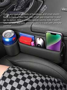 汽车皮革杯架间隙袋、座椅间隙储物盒、可调节汽车座椅储物盒、可调节汽车座椅间隙储物盒皮革带杯架，可放置手机、眼镜、钥匙卡（黑色。驾驶员 - 乘客）