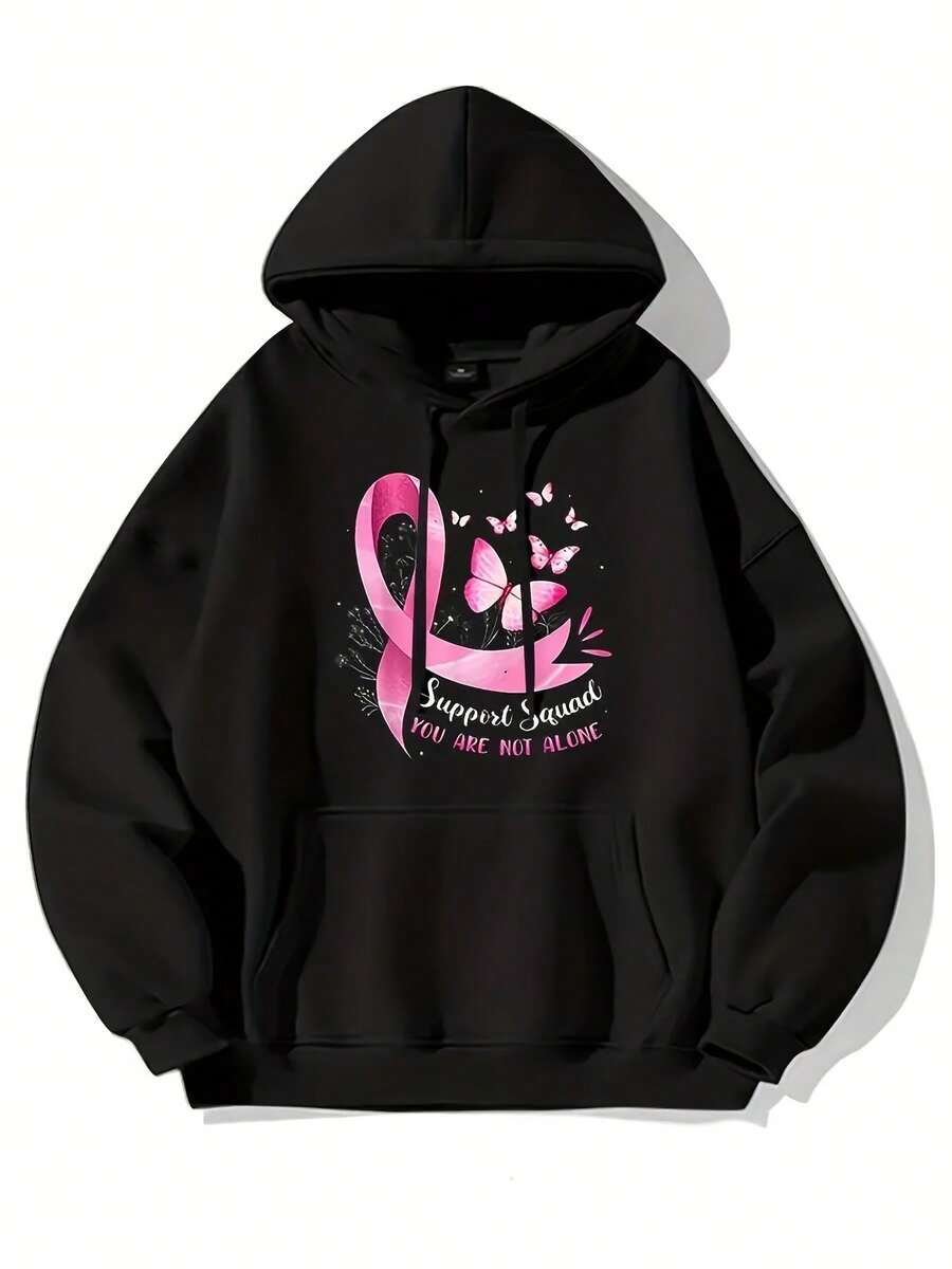 Butterfly Pattern Printed Pocket Hoodie, Casual Long-Sleeved Drawstring Hoodie, Hoodie, Women's Clothing - 黑色24 - 查看 1
