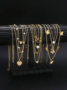 11/10/4pcs Fashionable Minimalist Gold Butterfly, Heart, Cross, Star, Moon, Faux Pearl Multi-Layer Necklace Set, Women's Birthday, Vacation, Party, Christmas Gift, Match With Daily Outfits, Party Accessories - 金黃色 - 查看 11