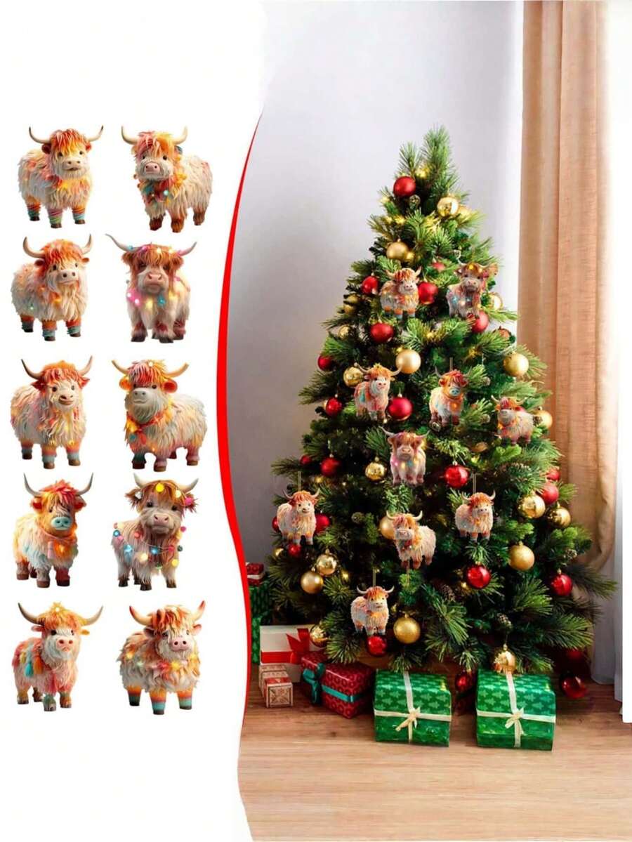 10 Pieces/Set-2025 Christmas Decorations - Double - Sided Highland Cow Acrylic Ornament, Hanging Christmas Tree Decor & Holiday Home Gift - Multicolor - View 1