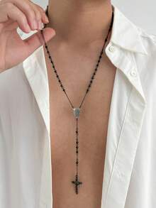 1pc Vintage Style Beaded Chain Cross Pendant Necklace, Stainless Steel Long Chain, Suitable For Men's Daily Wear, Halloween Accessory