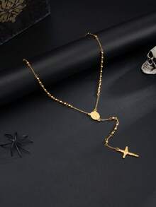 1pc Vintage Style Beaded Chain Cross Pendant Necklace, Stainless Steel Long Chain, Suitable For Men's Daily Wear, Halloween Accessory