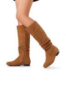 Women's Knee High Boots Pull On Side Zipper Tall Boots For Autumn/Winter - Maroon - View 5
