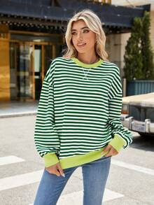 Womens Oversized Striped Sweatshirt Crewneck Long Sleeve Pullover Top Casual Y2K Fall Winter Spring Clothes Outdoor Shirt - 綠色 - 查看 2
