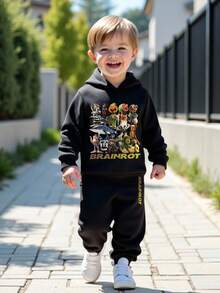 Young Boy Funny Cartoon 3D Animal & Mythical Creature Graphic Letter Print Hoodie And Sweatpants Set - Black - View 3