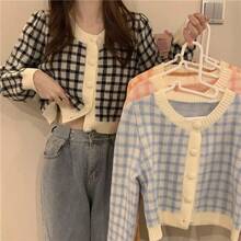 丸襟チェック柄ニットカーディガン女性の春と秋の新作小柄なゆったりとした年齢を軽減するショートコートセーター - ブルー - チェックする 2