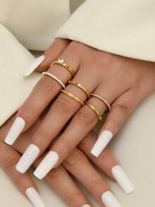 6/8件套时尚简约不锈钢镶钻抛光戒指套装，男女皆宜，适合日常佩戴、节日和约会场合，情人节礼物 - 金色 - 查看 5