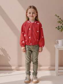 Abrigo con capucha rojo de manga larga con cremallera y estampado de fresas para niñas pequeñas. - Rojo - Ver 2