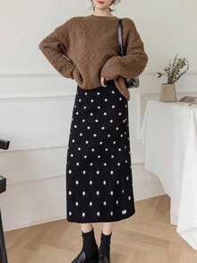 法式优雅风格复古波尔卡圆点针织裙，修身版型，适合圣诞节、新年、通勤、约会、秋冬 - 黑色 - 查看 8