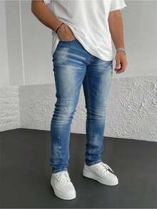 Pantalones vaqueros azules con rotos y efecto envejecido, tiro alto y corte entallado, estilo moderno y casual - Lavado ligero - Ver 3