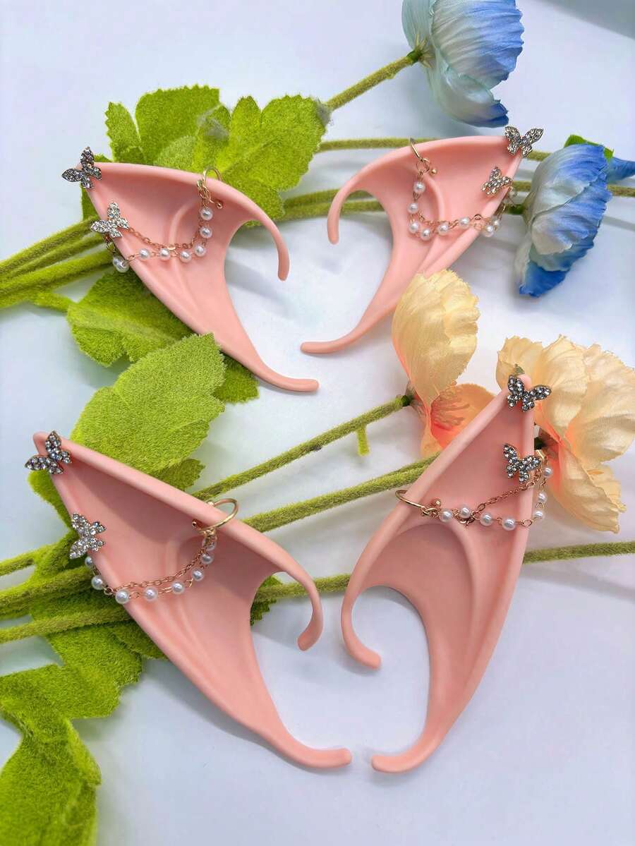 2 Stücke Ohrschmuck, mit Kunstperlen Halskette & Strass Schmetterling, lange & kurze Stile, geeignet für Festivals, Partys, Halloween, Weihnachten, Cosplay - Verschiedenfarbig - Übersicht 1