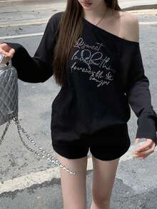 Autumn/Winter Casual Asymmetric Shoulder Long Sleeve T-Shirt For Women, Rhinestone Decor, Versatile Mid-Length Top