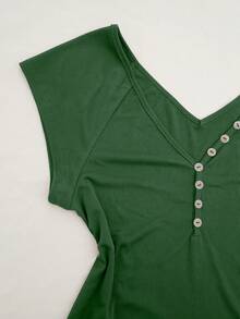 朋克风女式复古纯色休闲街头风短袖纽扣褶皱时尚上衣，甜美少女原宿Y2K T恤 - 綠色 - 查看 4