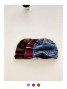 1pc Striped Contrast Color Warm Knit Beanie Hat, Soft Oversized Fit, Ear Protection, Retro Style, Suitable For Women In Autumn/Winter - Multicolor - View 1
