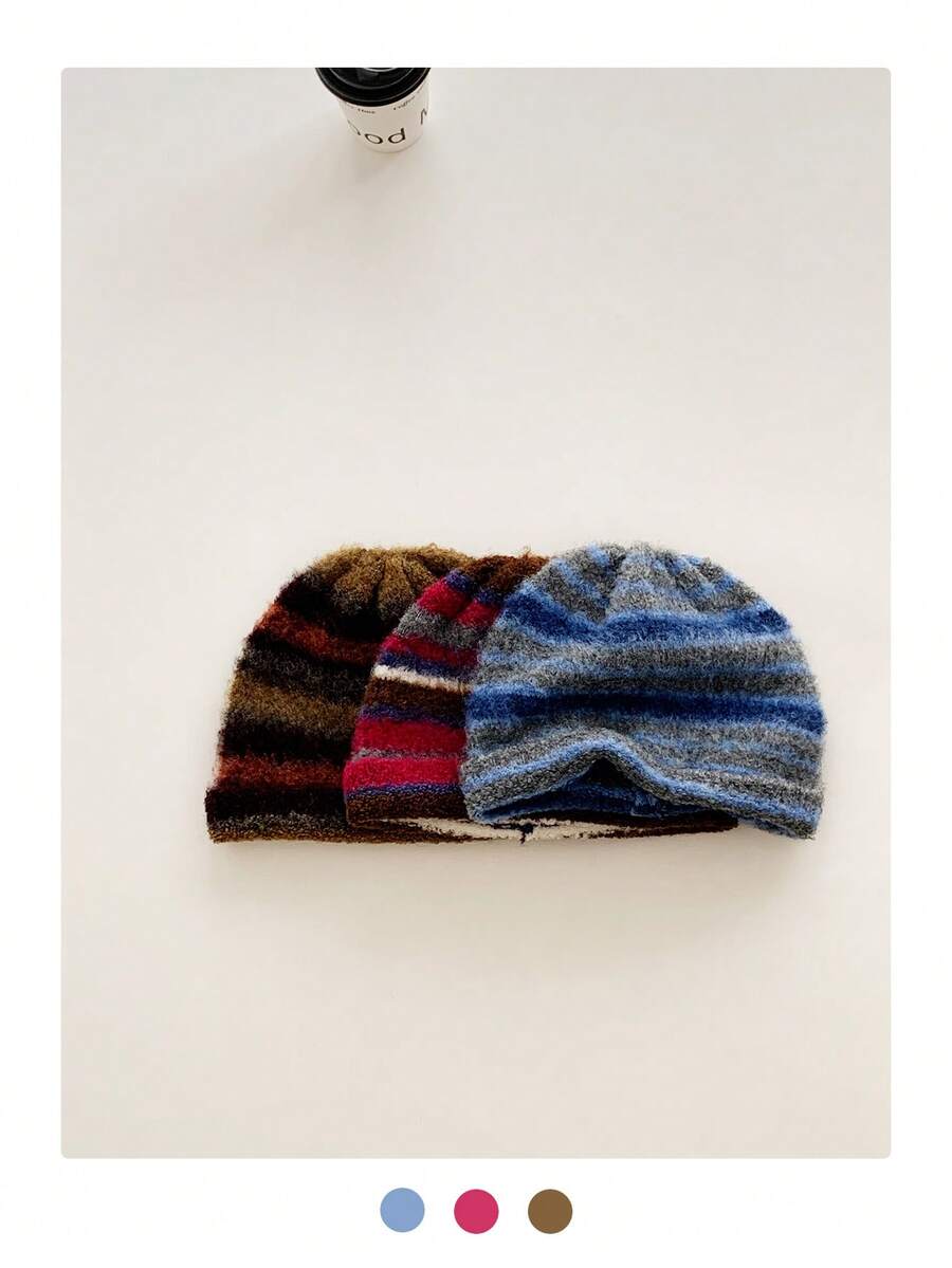 1pc Striped Contrast Color Warm Knit Beanie Hat, Soft Oversized Fit, Ear Protection, Retro Style, Suitable For Women In Autumn/Winter - Multicolor - View 1