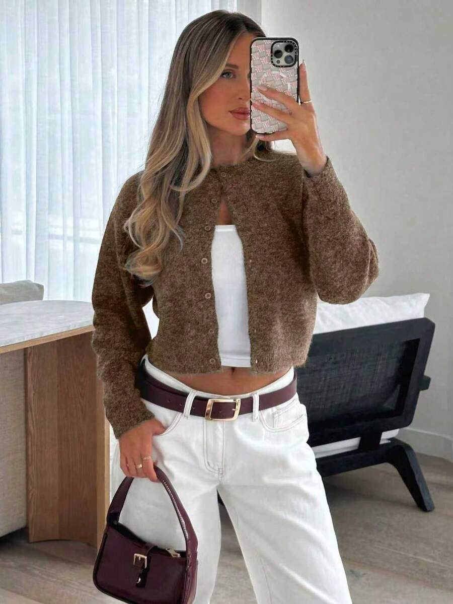 Chaqueta de punto tipo cárdigan de cuello redondo minimalista de un solo botonadura y color liso, nueva colección de otoño - Marrón - Ver 1