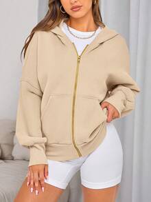 Women Casual Zipper Hoodie Long Sleeve Sweatshirt Y2K Hooded Jacket Fall Autumn Winter Going Out Clothes - 杏色 - 查看 3
