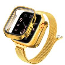 Gold Apple Watch Band, Slim Milanese Loop Compatible With Apple Watch 38mm 40mm 41mm 42mm 44mm 45mm 46mm 49mm, Glitter Gold Slim Bracelet Band For Women, Gold Apple Watch Covers For Women Watches, 2 In 1 Apple Watch Case With With Built-In Screen Protector, New Design Ultra Thin Straight Edge Hard PC Full Body Protective Cover For Apple Watch, 2pcs Watch Accessories For Apple Watch Series 10 9 8 7 6 5 4 3 2 1 Ultra SE