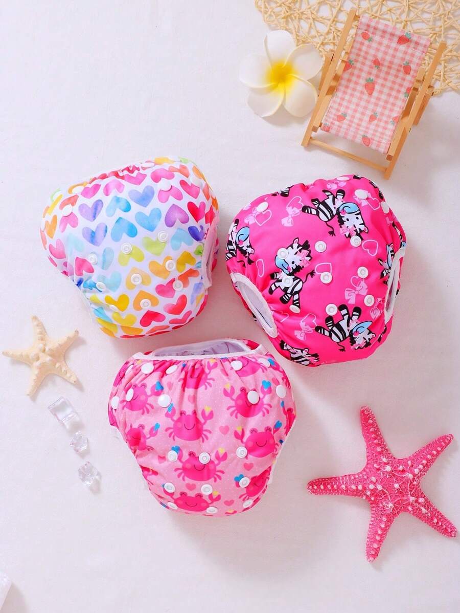 3pcs Random Prints Cloth Swim Diaper Reusable Swimming Diaper Pants Adjustable Swim Diaper For Swimming Lessons Baby Girls,Boys,Netural Color Swim Diaper(The Prints Cycle Will Be Reversed)