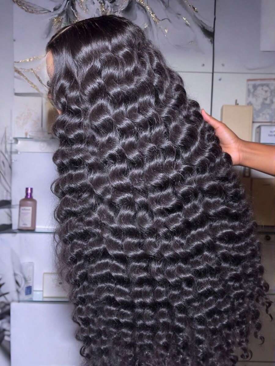 Uveous 42Inch 250% Density Deep Wave Lace Front Wigs Human Hair-13x4 HD Transparent Deep Wave Frontal Wigs Human Hair Curly Wigs For Women Curly Lace Front Human Hair Pre Plucked With Baby Hair - Natural Black - Xem 1