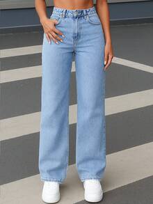 Autumn Women's Street Light Blue Mid Waist Jeans Slim Fit Straight Leg Casual Pants And Versatile Washed Denim