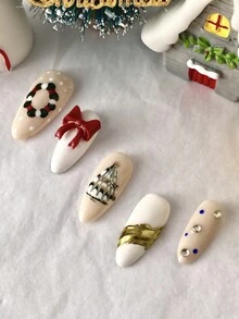 10片/套 女士/女孩亚克力假指甲，含美甲贴纸，手工杏仁形设计，全面贴合，方便实用。采用亚克力材质，经久耐用，可重复使用。这款易于佩戴的假指甲套装包含美甲用品。适合派对、新年庆祝活动、情人节和其他节日，也是理想的礼物之选。 - 彩色 - 查看 5